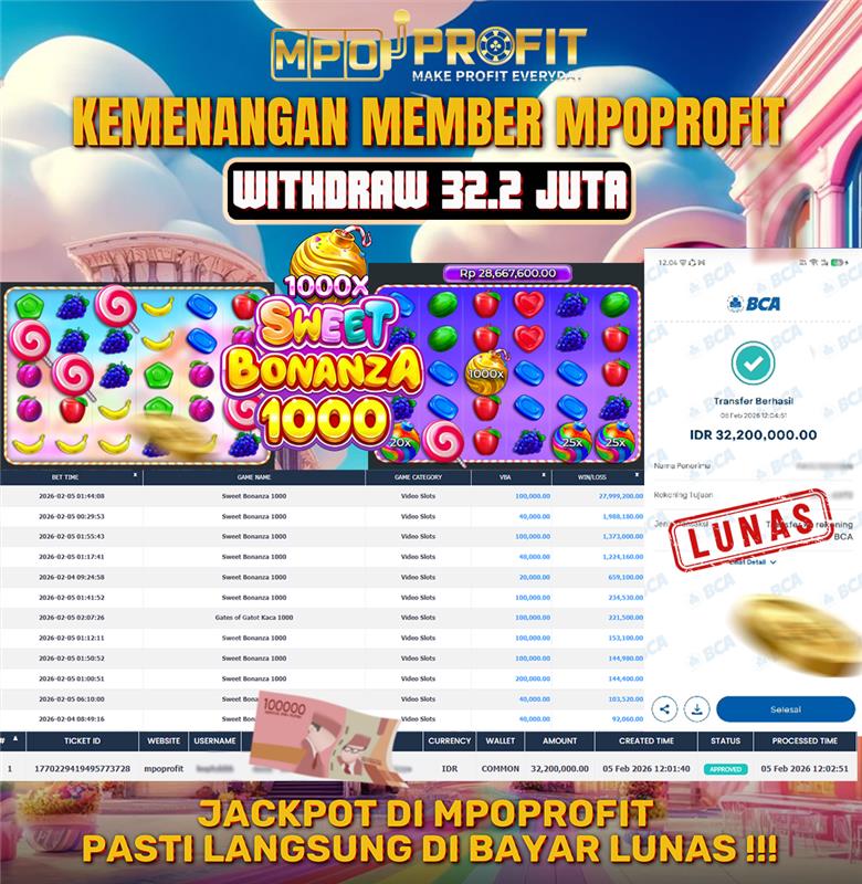 MPOPROFIT JACKPOT SLOT PRAGMATIC PLAY! KEMENANGAN MURNI DI (SWEET BONANZA 1000 TOTAL RP. 32.200.000,- LUNAS)